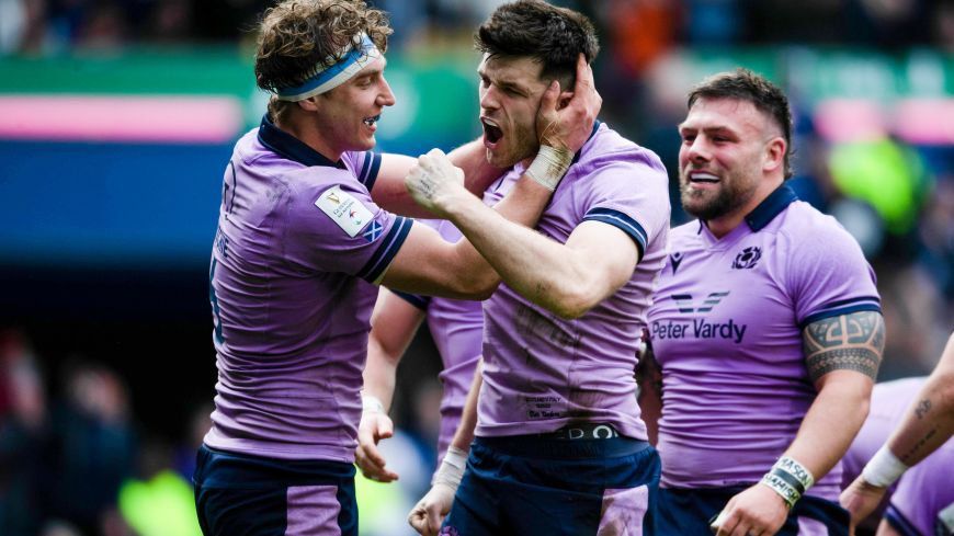 Jamie Richie and Blair Kinghorn celebrate a try against Italy in the 2023 Guinness Six Nations.