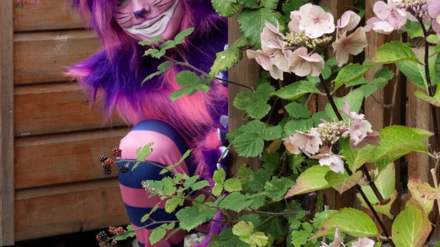 image of actress in Chesire Cat costume looking out from behind a plant