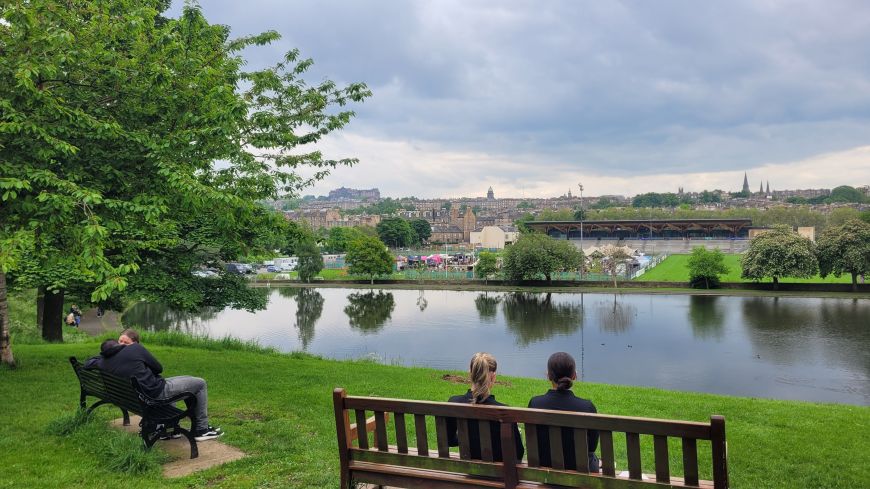 Taking in the view by the pond in Inverleith Park