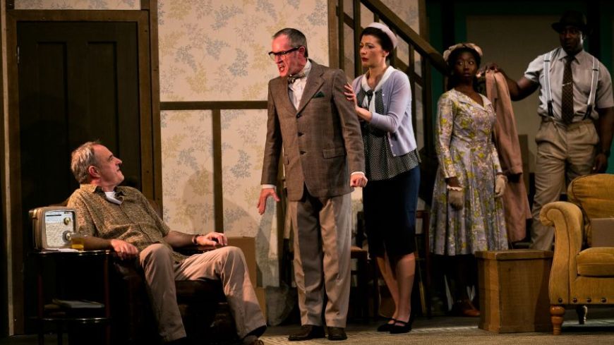 Characters from Act 1 react to each other. From left to right: 3. Robin Kingsland, Jack Lord, Frances McNamee, Adelaide Obeng and Vinta Morgan in Clybourne Park. Photo by Eoin Carey.