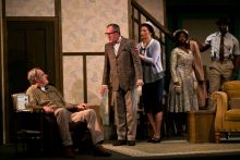 Characters from Act 1 react to each other. From left to right: 3. Robin Kingsland, Jack Lord, Frances McNamee, Adelaide Obeng and Vinta Morgan in Clybourne Park. Photo by Eoin Carey.