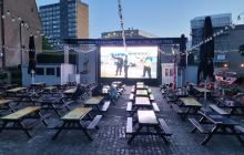 Big screen in the Pear Tree beer garden