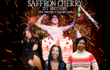 The image shows four people, clockwise from top: A muscular & shirtless flexing mixed-race drag king emerges from a large cake. A black poet wearing a stripey jumper (similarly coloured to the cake) and a pink party hat smiles warmly. A Chinese woman in a black leather jacket & orange party hat laughs. A Filipina drag queen in blue party hat, black dress & gloves reclines sultrily.