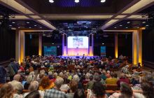 View from the back of a full lecture theatre at the Book Festival