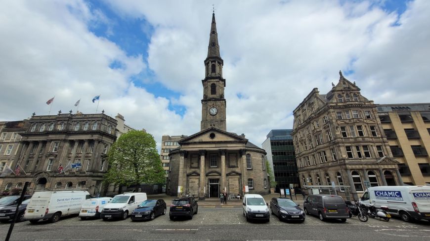 The tall spire of St Andrew's and St George's West Church