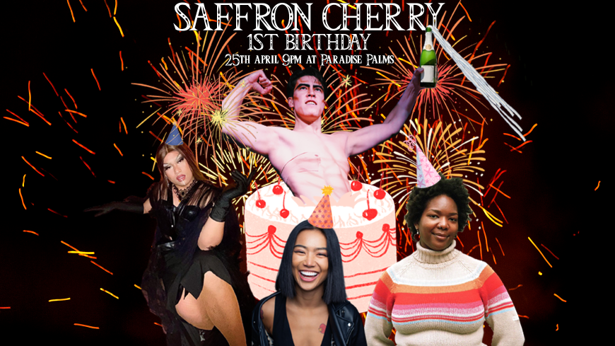 The image shows four people, clockwise from top: A muscular & shirtless flexing mixed-race drag king emerges from a large cake. A black poet wearing a stripey jumper (similarly coloured to the cake) and a pink party hat smiles warmly. A Chinese woman in a black leather jacket & orange party hat laughs. A Filipina drag queen in blue party hat, black dress & gloves reclines sultrily.