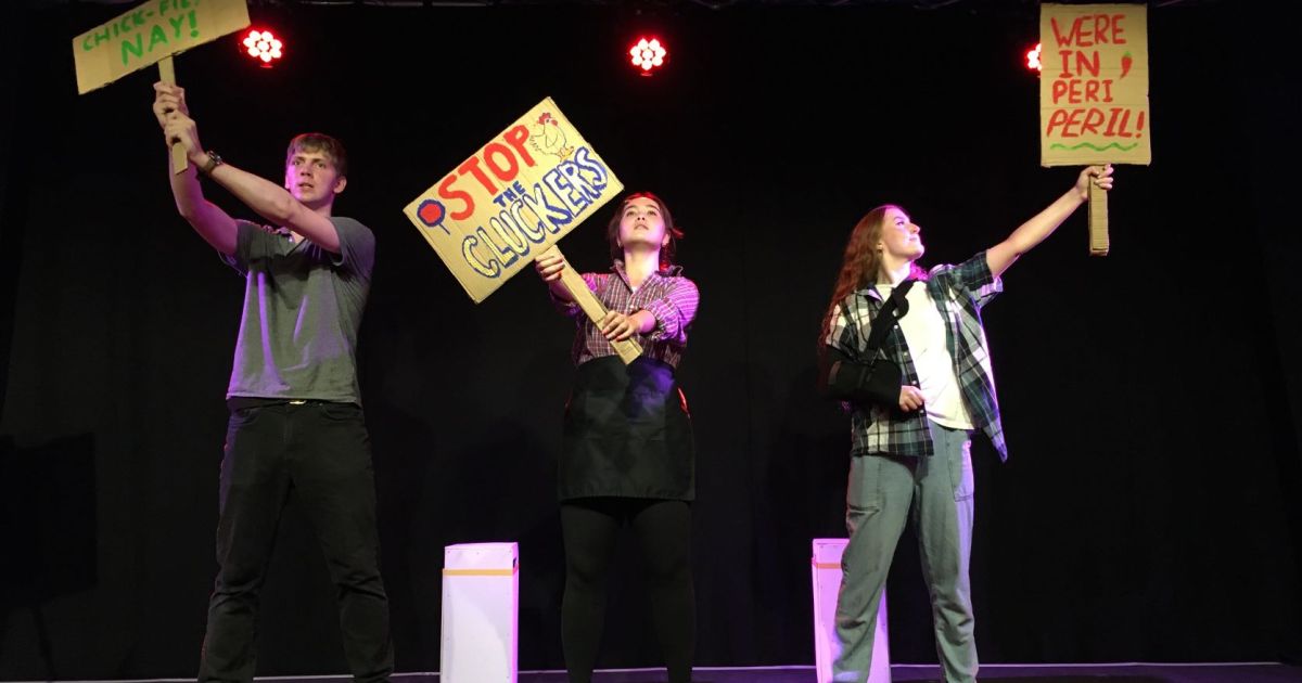 The cast of On Your Bike, a musical about pizza and chicken food delivery bikers