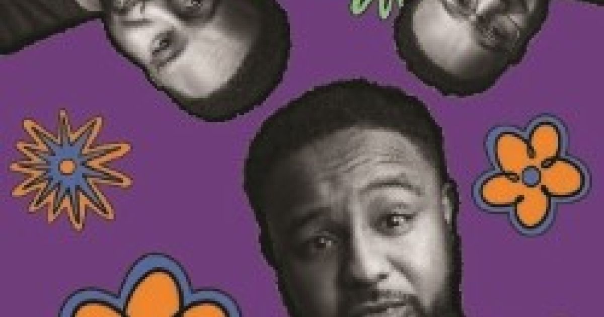 Three images of the performers head swirl in a purple background with flowers