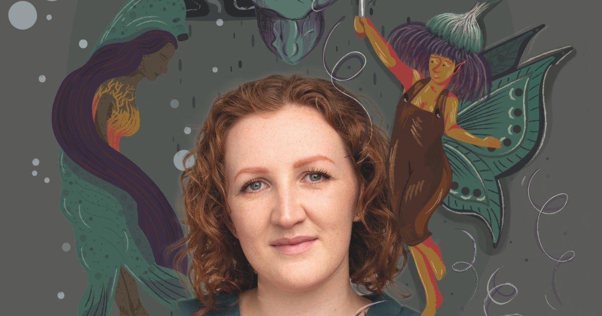Ailsa Shepherd's head surrounded by mythical creatures on a gray background