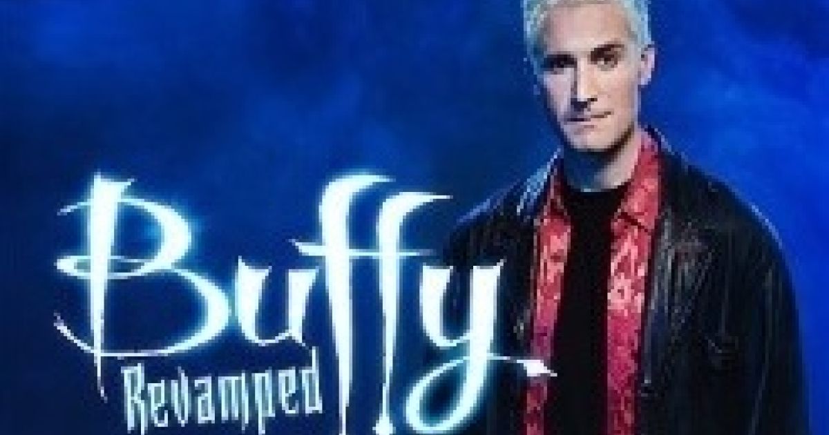 Brendan Murphy posing as Spike the vampire, with the words Buffy Revamped in vampire-like text