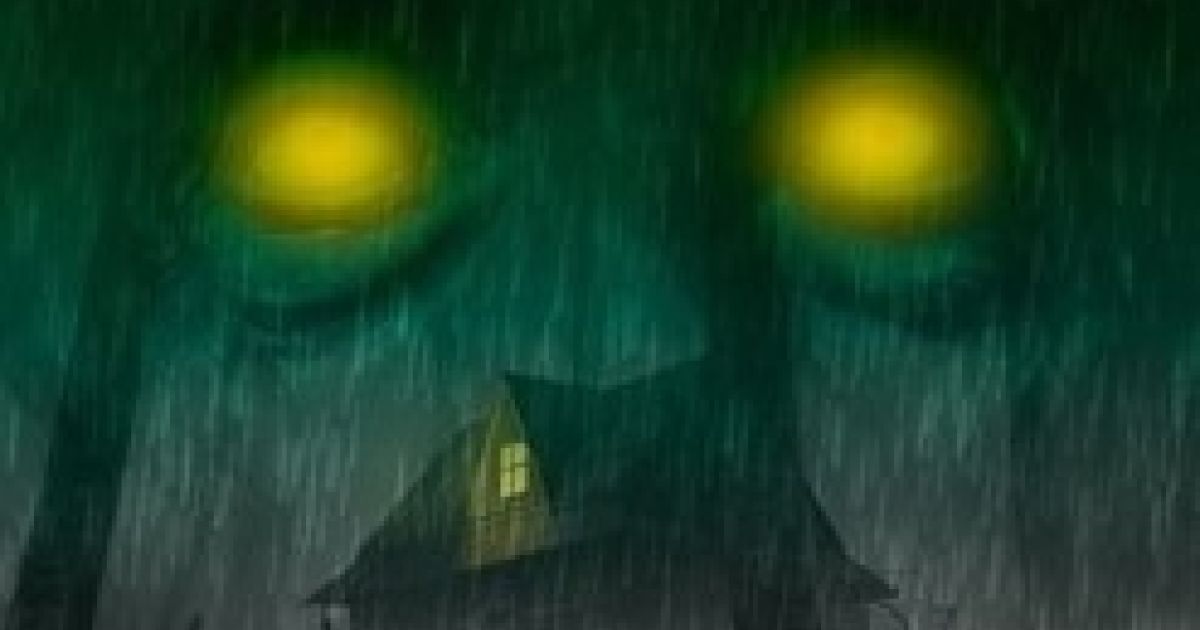Haunted hotel with yellow orbs of street lights, set in a misty evening.