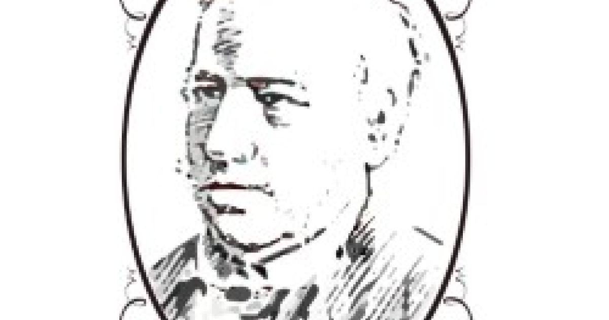 A drawn pen and ink sketch of Alexander Blackwood, on a piece of white paper, looking out, surround by black items.