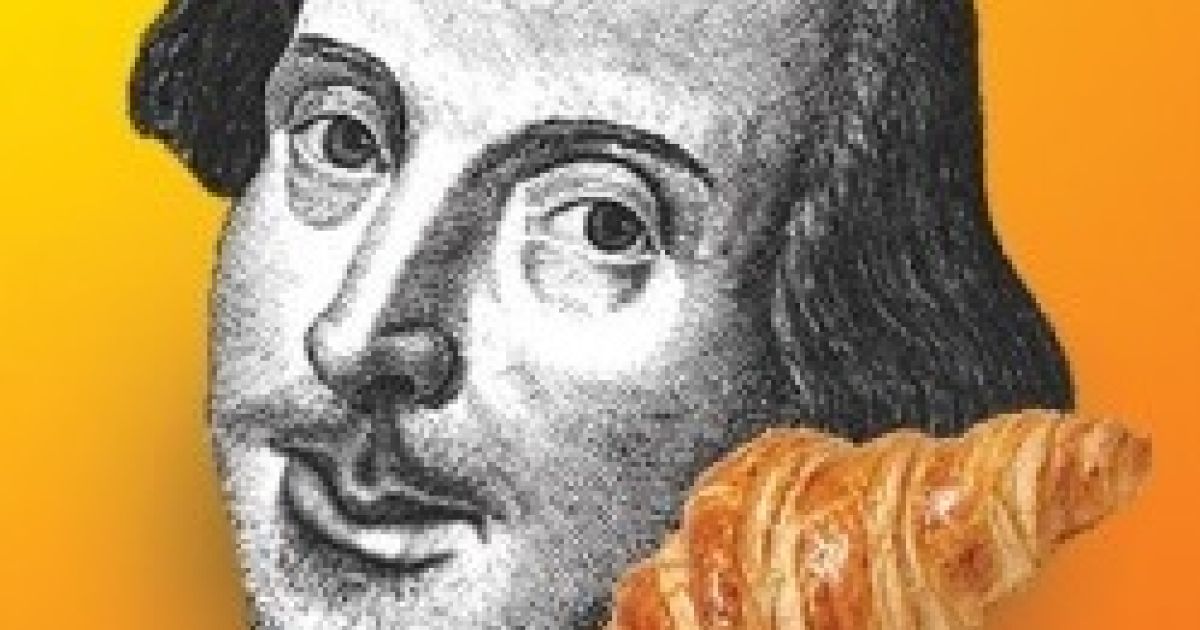 Shakespeare's head with a croissant on the bottom right