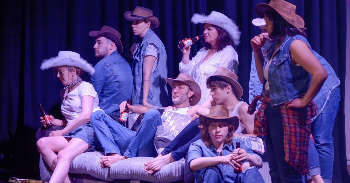 The cast of Common is as Common Does: A Memoir, pose on and around a sofa. All are wearing cowboy hats and denim.