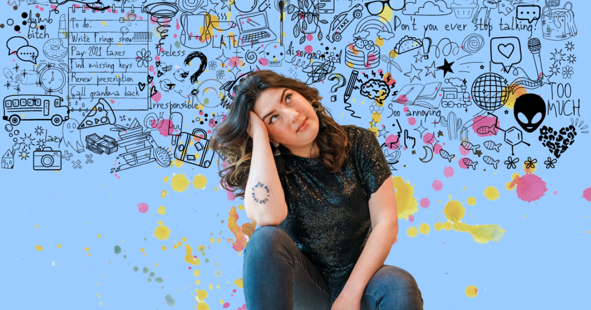Woman sitting, head on hand, head tilted to one side, with words swirling around her head.