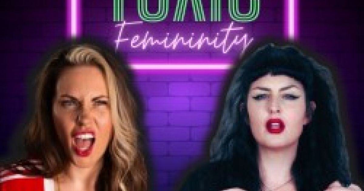 Molly McBride and Mariah Bowden are pictured in front of the title of the show, 'Toxic Femininity' which is in neon pink and green lighting
