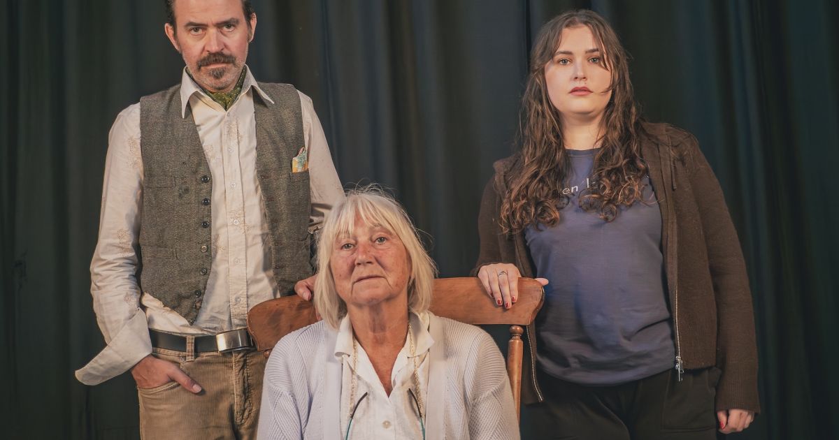 Three characters are pictured: left to right - Arran R Hawkins, Gillie Stoneham, Hannah Marina