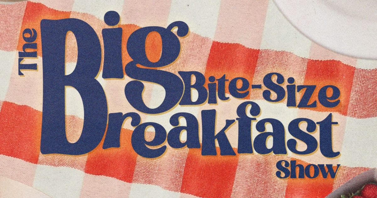 The words The Big Bite Breakfast Show' are written in red lettering on top of a picnic blanket that is red and white checked.