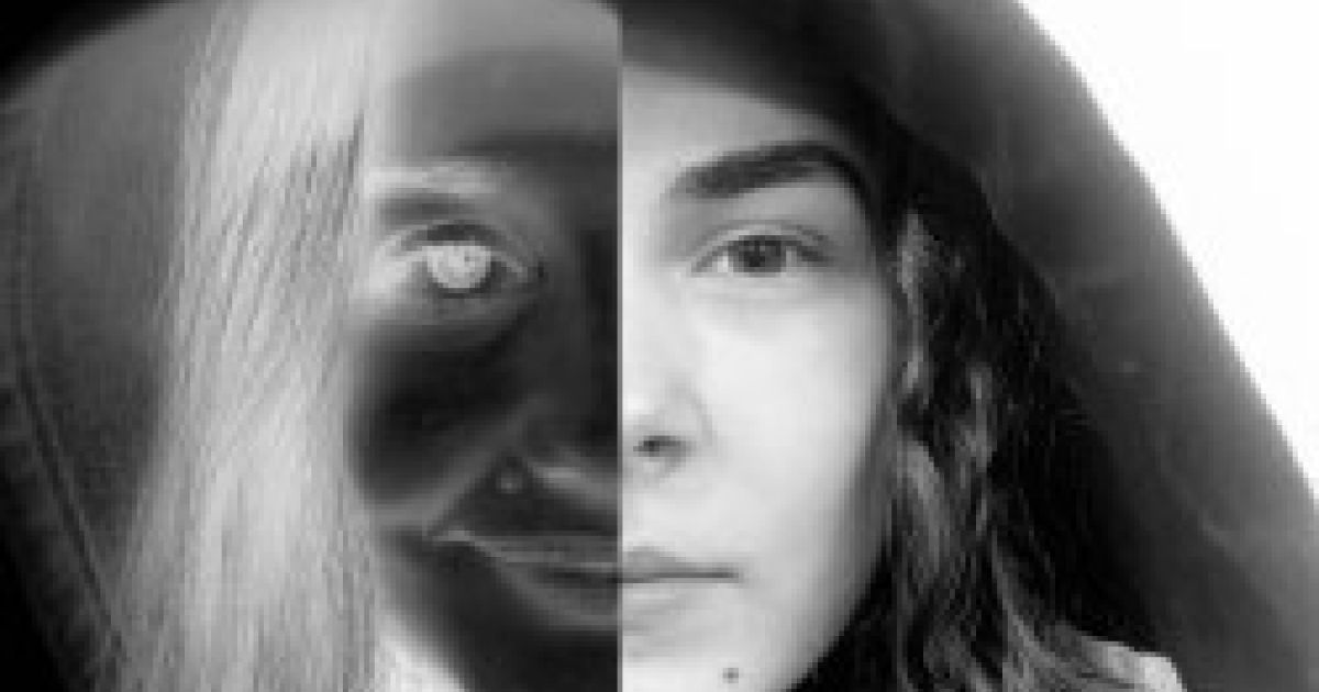 Two faces of women pictured in black and white - one in period dress, one in modern dress