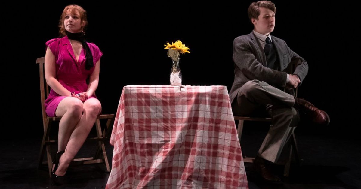 The two actors are pictured on stage, the female Comrade to the left, the male Agent on the right, with a dinner table between them, covered in a red and white checked table cloth.
