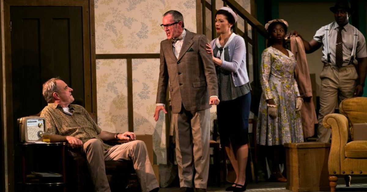 Characters from Act 1 react to each other. From left to right: 	3. Robin Kingsland, Jack Lord, Frances McNamee, Adelaide Obeng and Vinta Morgan in Clybourne Park. Photo by Eoin Carey.