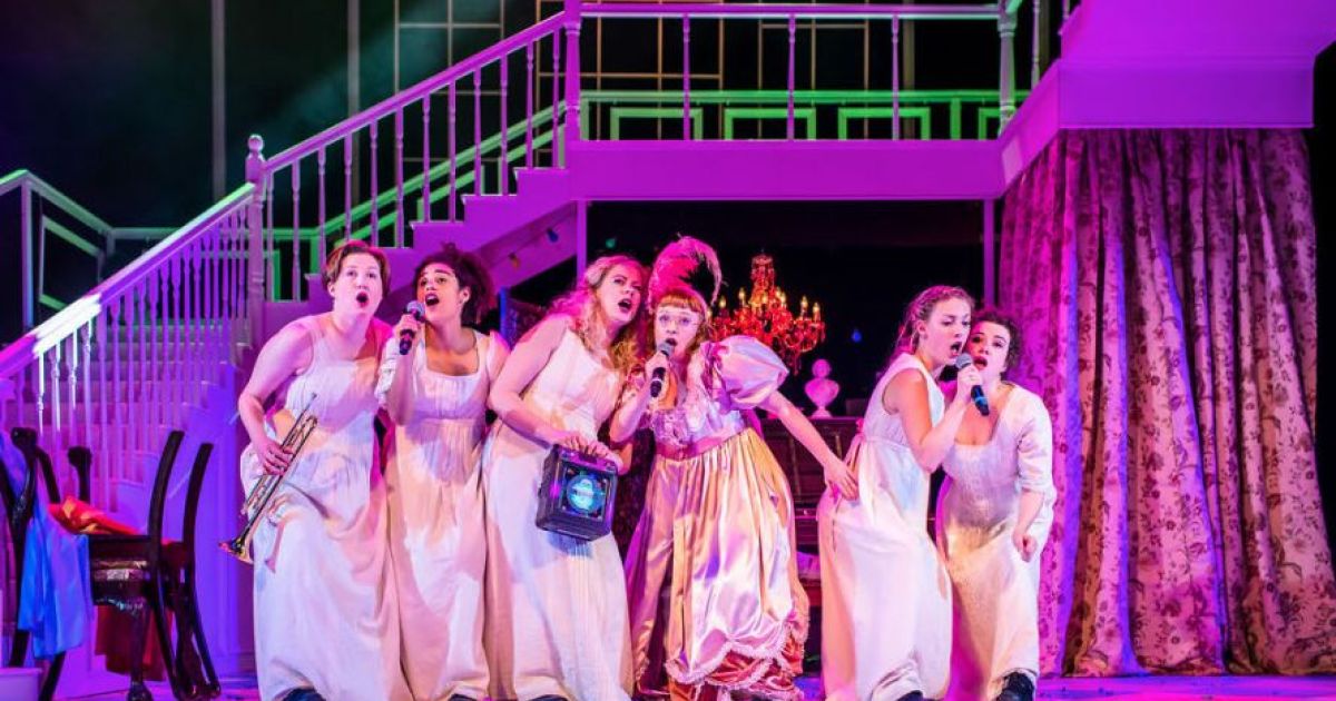The cast of Pride and Prejudice* (*sort of): from left to right - Photo: (L-R) Hannah Jarrett-Scott, Felixe Forde, Meghan Tyler, Tori Burgess, Christina Gordon, Isobel McArthur; Photo credit Mihaela Bodlovic