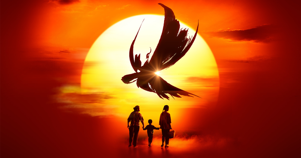 Artwork for Miss Saigon featuring a silhouette of a woman, child and man walking away underneath a setting sun